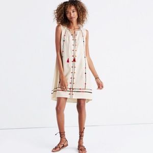 Madewell Embroidered Cream Linen Sunview Dress with Tassels, Medium